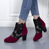 Floral Lace Mesh Ankle Boots with Block Heel