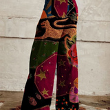 Patchwork Print Wide-Leg Pants with High Waist