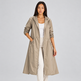 Women's Long Coat with Hooded Neckline and Full Zip Front