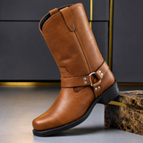 Mid-Calf Harness Boots with Buckle Strap and Round Toe