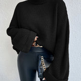 Oversized Turtleneck Sweater with Textured Knit and Wide Sleeves