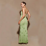 Floral Applique Maxi Dress Women Spaghetti Strap V-Neck Evening Gown