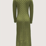 Cable Knit Maxi Sweater Dress with Round Neck and Long Sleeves