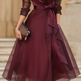 Wrap Midi Dress with Sheer Sleeves and Tie Waist