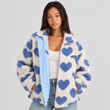 Women's Fluffy Jacket with All Over Heart Pattern and Plush Teddy Fleece Look with Stand Collar for Winter