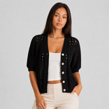 Cropped Open Knit Cardigan with Button Front