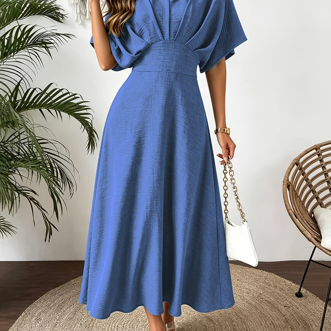V-Neck A-Line Maxi Dress with Batwing Sleeve
