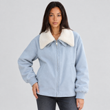 Zip-Front Bomber Jacket with Sherpa Collar and Ribbed Cuff