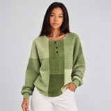 Women's Waffle Knit Sweater with Colour Block Patchwork Design and Three Button Henley Neckline