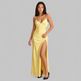 Satin Maxi Dress with Spaghetti Straps and Thigh Slit