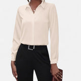Collared Long-Sleeve Blouse with V-Neck