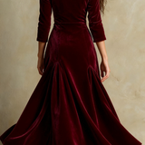 Velvet Maxi Dress with Collared V-Neck and Flared Skirt