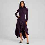 Draped Asymmetric Wrap Maxi Dress with High Neck