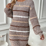 Striped Knit Mini Sweater Dress with Long Sleeves and Round Neck