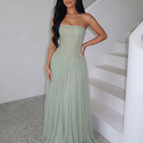 Corset Strapless Maxi Dress with Pleated Skirt