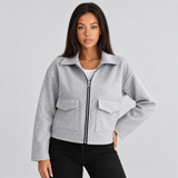 Cropped Zip-Front Jacket with Point Collar and Flap Pockets