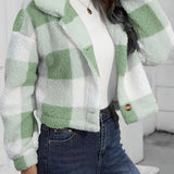 Cropped Plaid Fleece Jacket with Button Front