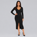 Ribbed Knit Midi Dress with V-Neck and Button Front