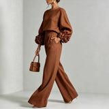Women's Two Piece Pants Set with Floral Cuff Long Sleeve Blouse and Wide Leg Pants