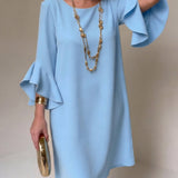 Ruffle Sleeve Shift Mini Dress with Boat Neck