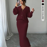 Ribbed Knit Cardigan and Maxi Skirt Set