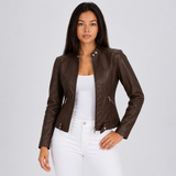 Cropped Leather Jacket with Stand Collar and Zip Front Pockets