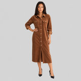 Corduroy Shirt Midi Dress with Button Front and Flap Pockets