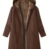 Faux Fur Lined Hooded Jacket with Zip Front and Patch Pockets
