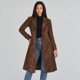 Button-Front Suede Coat with Lapel Collar and Side Pockets