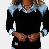 Denim Collar Knit Sweatshirt with Crew Neck