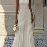 Sleeveless Pleated Maxi Dress with Boat Neck