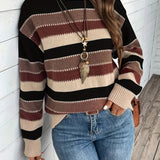 Striped Knit Sweater with Round Neck and Ribbed Cuff