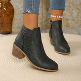 Laser Cut Ankle Boots with Side Zipper and Block Heel