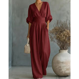 Wide-Leg Jumpsuit with Ruched Waist and Dolman Sleeve