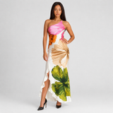 Floral Draped Maxi Dress with One-Shoulder Neckline and Ruffle Hem