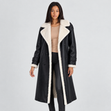 Sherpa-Lined Double-Breasted Long Coat with Belt