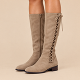 Women's Knee High Boots with Lace Up Front Side Zipper Low Block Heel