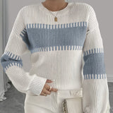 Two Tone Ribbed Knit Sweater with Balloon Sleeves and Ribbed Cuff