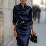 Satin Bodycon Midi Dress with Point Collar and Belt