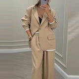 Women's Two Piece Suit with Contrast Trim Blazer and Pleated Wide Leg Pants