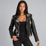 Floral Embroidered Studded Moto Jacket with Zip Front