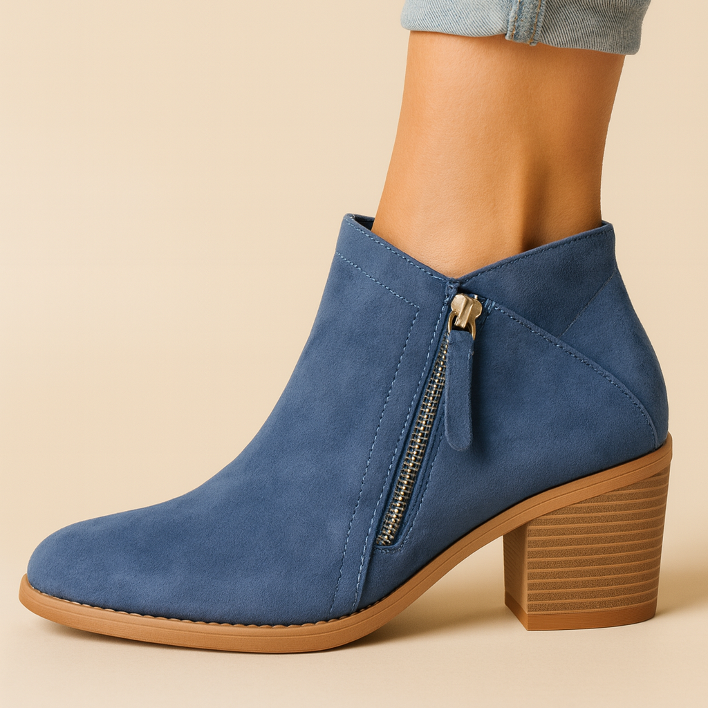 Ankle Boots with Side Zipper and Low Block Heel
