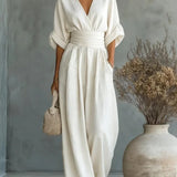 Wide-Leg Jumpsuit with Ruched Waist and Dolman Sleeve