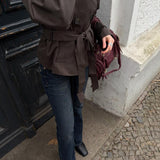 Women's Short Jacket with Stand Collar and Belted Waist