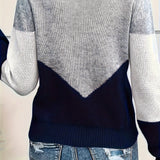 Color Block Knit Sweater with V-Neck and Ribbed Trim