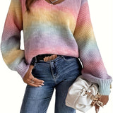 V Neck Sweater with Balloon Sleeves and Ribbed Cuff
