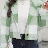 Cropped Plaid Fleece Jacket with Button Front