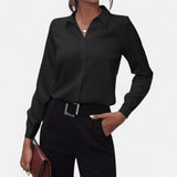 Collared Long-Sleeve Blouse with V-Neck