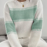 Two Tone Ribbed Knit Sweater with Balloon Sleeves and Ribbed Cuff