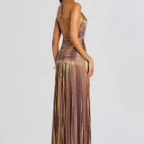 Pleated Halter Maxi Dress with Thigh Slit